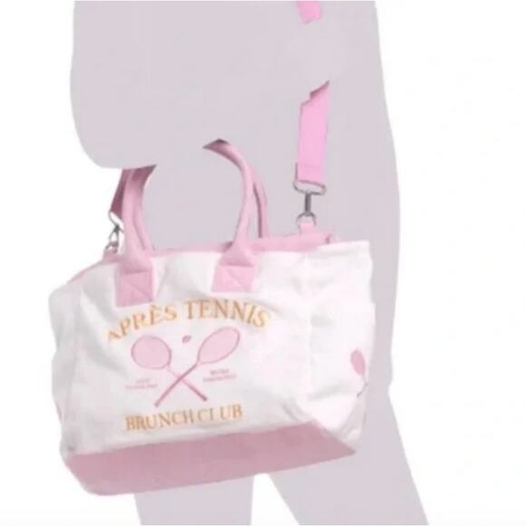 NWT Wildfox Pink Apres White Tennis Brunch Club Embroidered Terry Cloth Tote - Picture 2 of 7